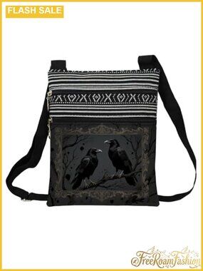 Small Ethnic Crossbody Bag Gothic Crow Print Adjustable Strap Women's